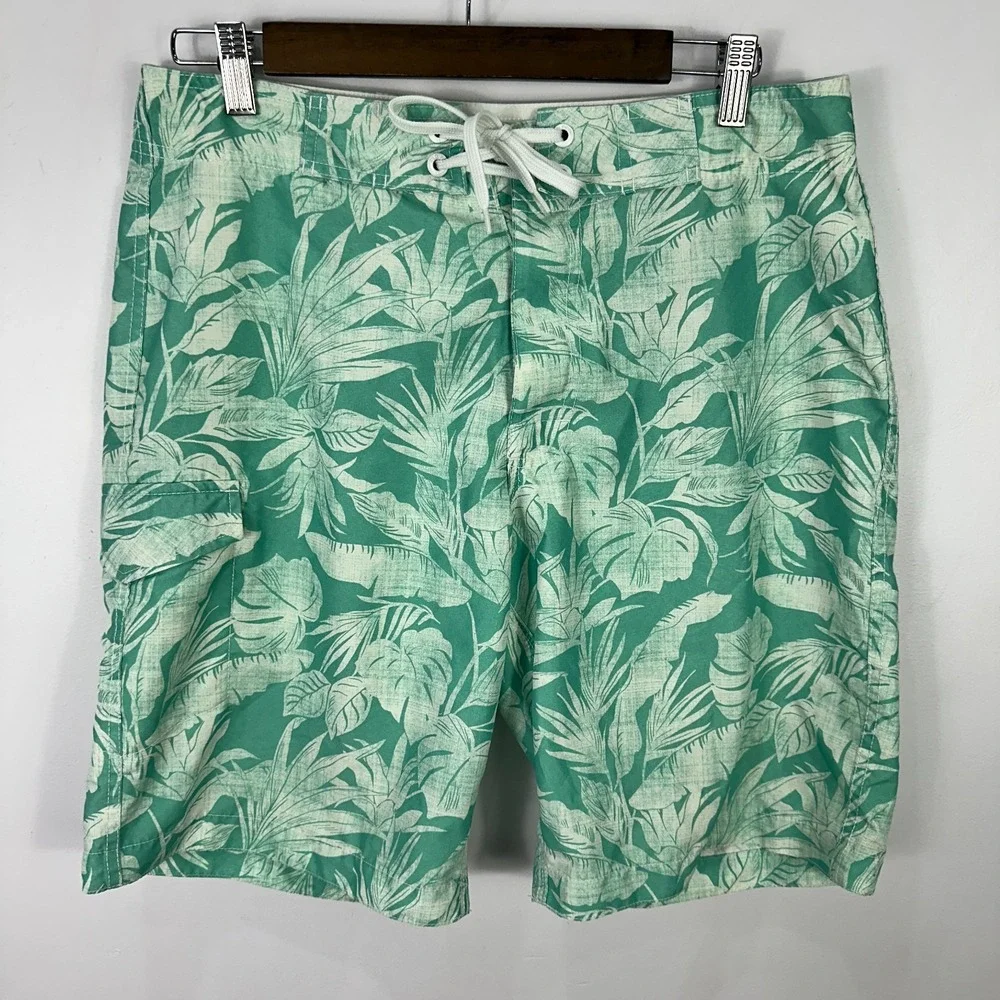 Old Navy Board Shorts Mens Medium Green Leaf Print Tropical Swim Trunks Beach